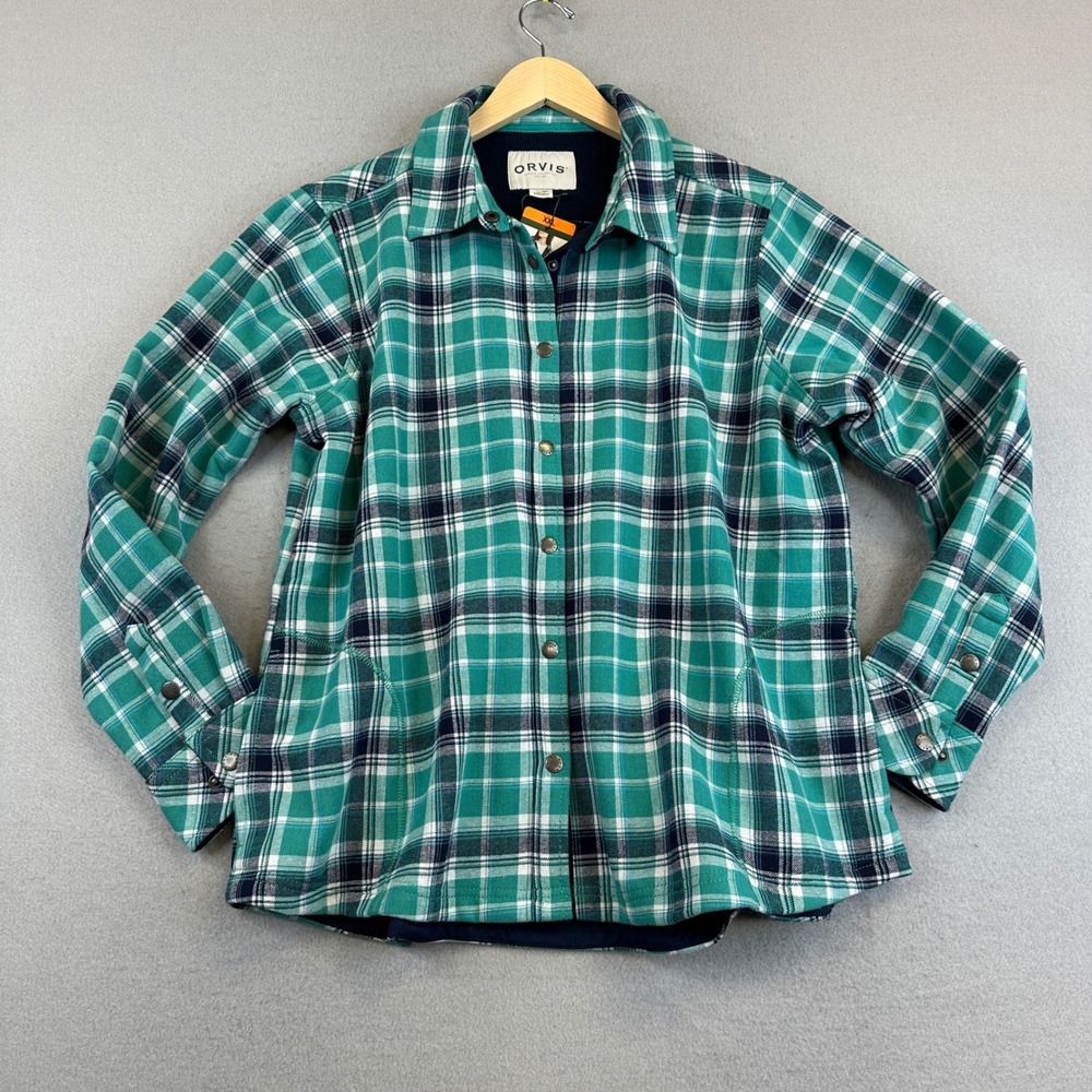 NEW Orvis Shacket Women XXL Green Plaid Fleece Lined Flannel Snap Front Outdoor